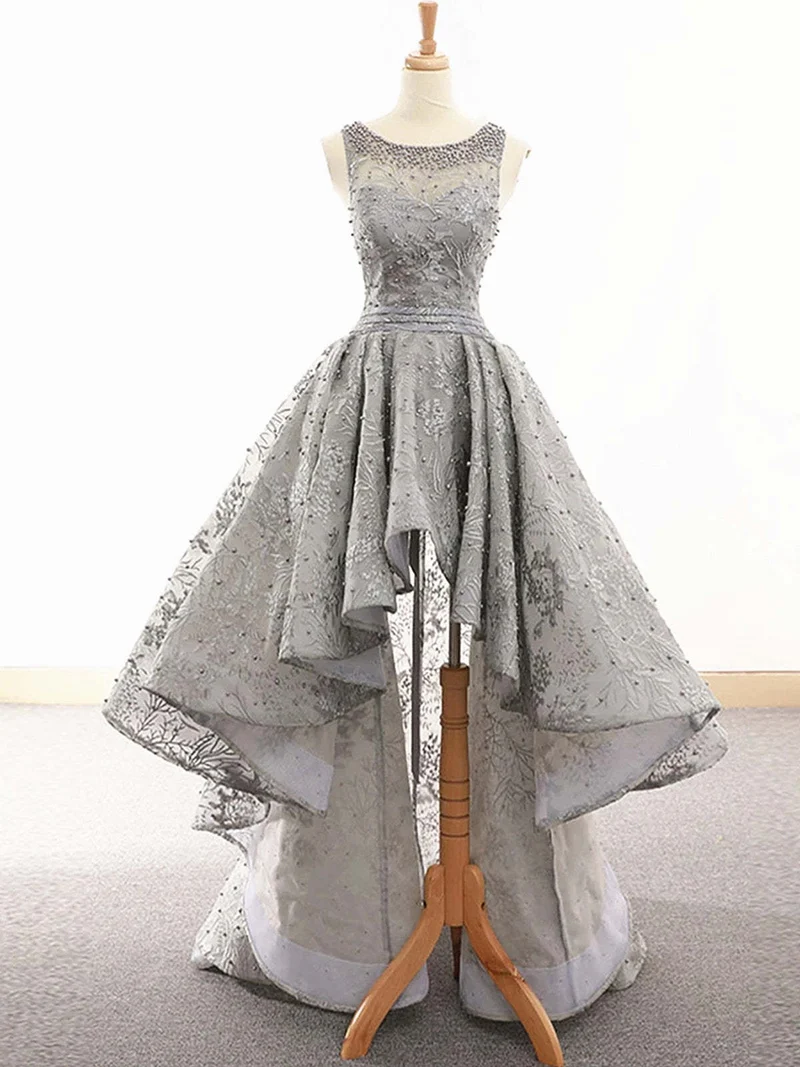 Robe de bal asymétrique en dentelle grise, robe de soirée formelle