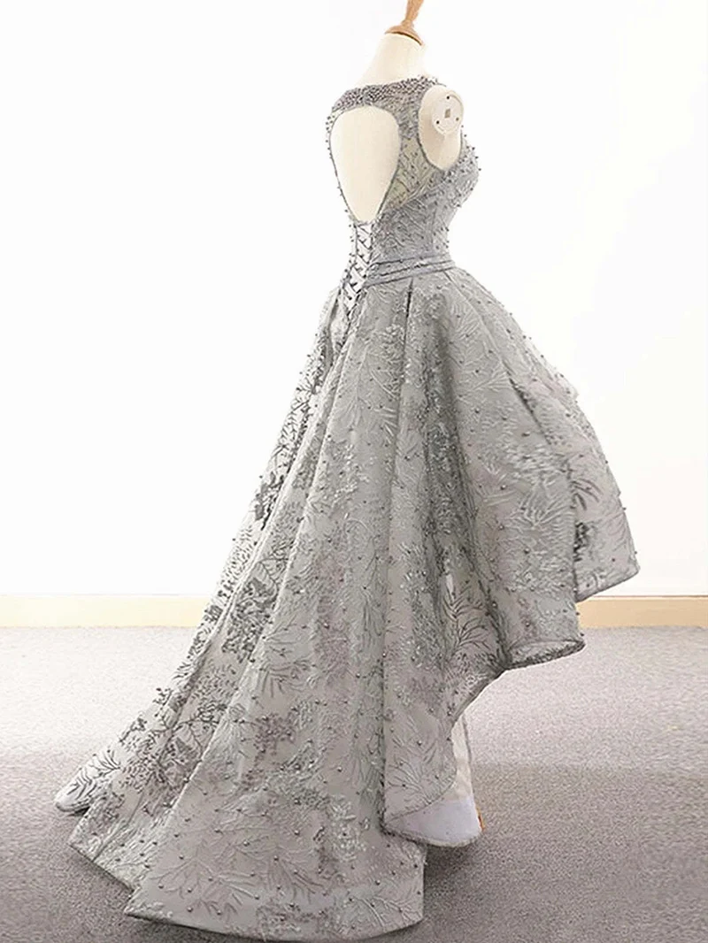 Robe de bal asymétrique en dentelle grise, robe de soirée formelle