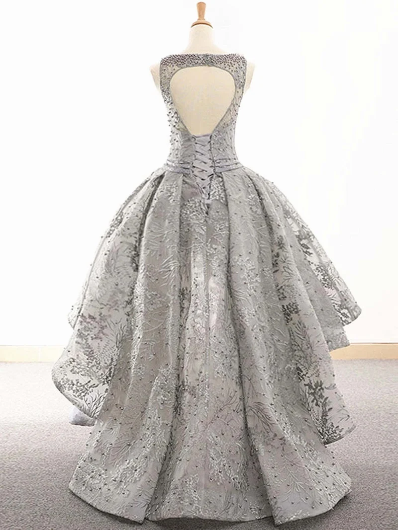 Robe de bal asymétrique en dentelle grise, robe de soirée formelle
