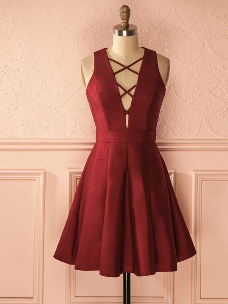 Robe de bal courte en satin bordeaux, coupe trapèze, col en V, robe de soirée