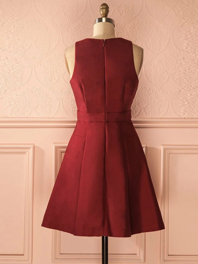 Robe de bal courte en satin bordeaux, coupe trapèze, col en V, robe de soirée