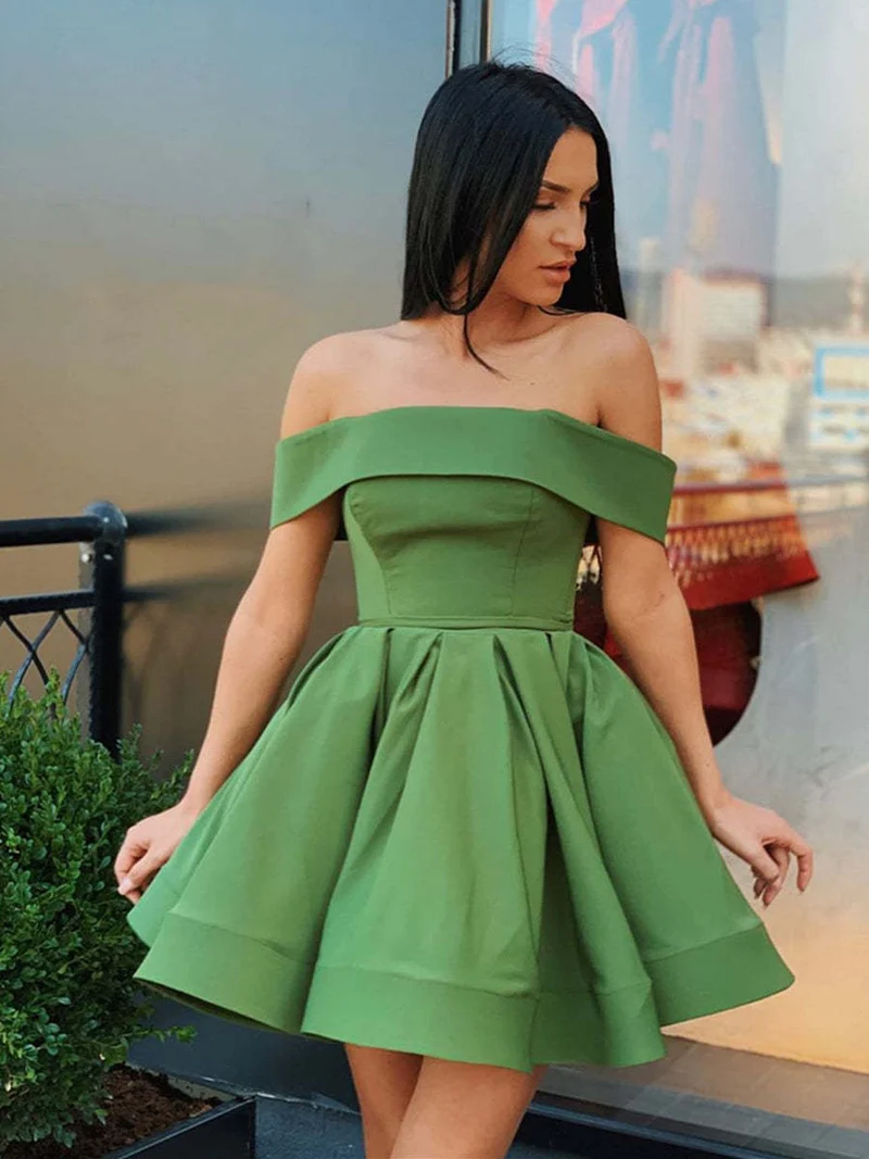 Charmante robe de soirée courte verte à épaules dénudées, robe de soirée trapèze en satin