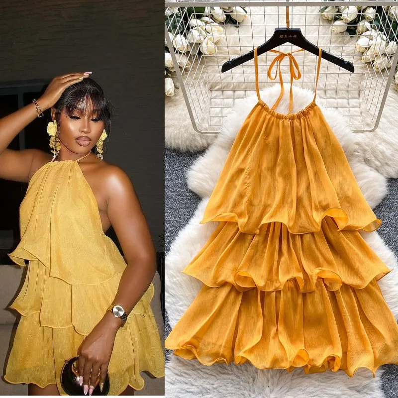 Robe jaune bohème chic à volants pour femme