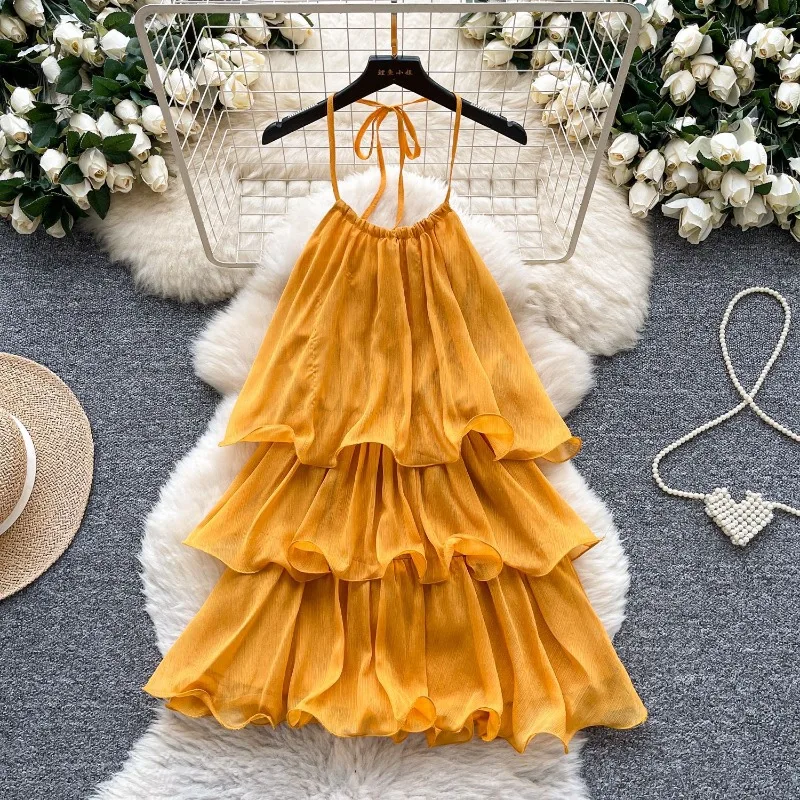 Robe jaune bohème chic à volants pour femme