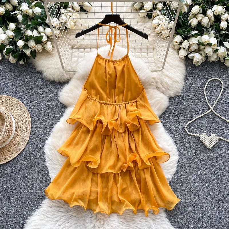 Robe jaune bohème chic à volants pour femme