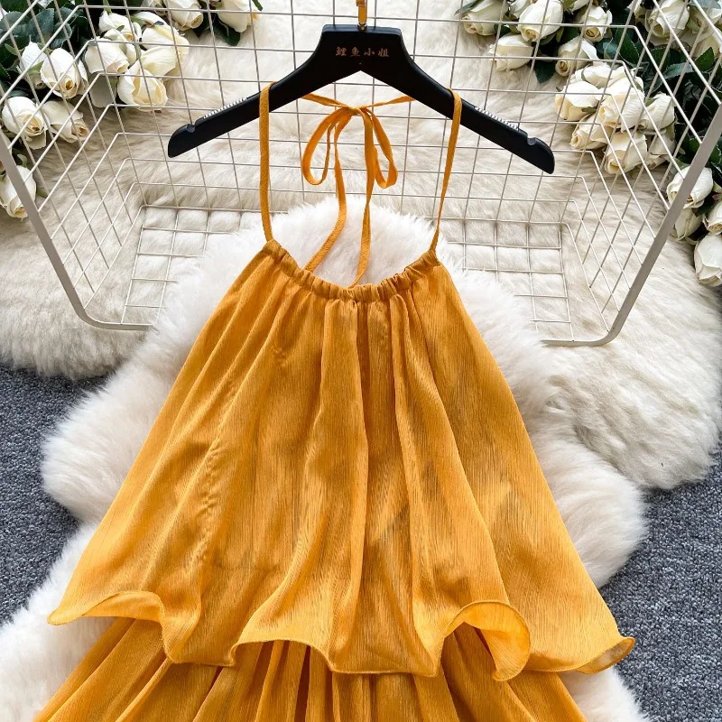 Robe jaune bohème chic à volants pour femme