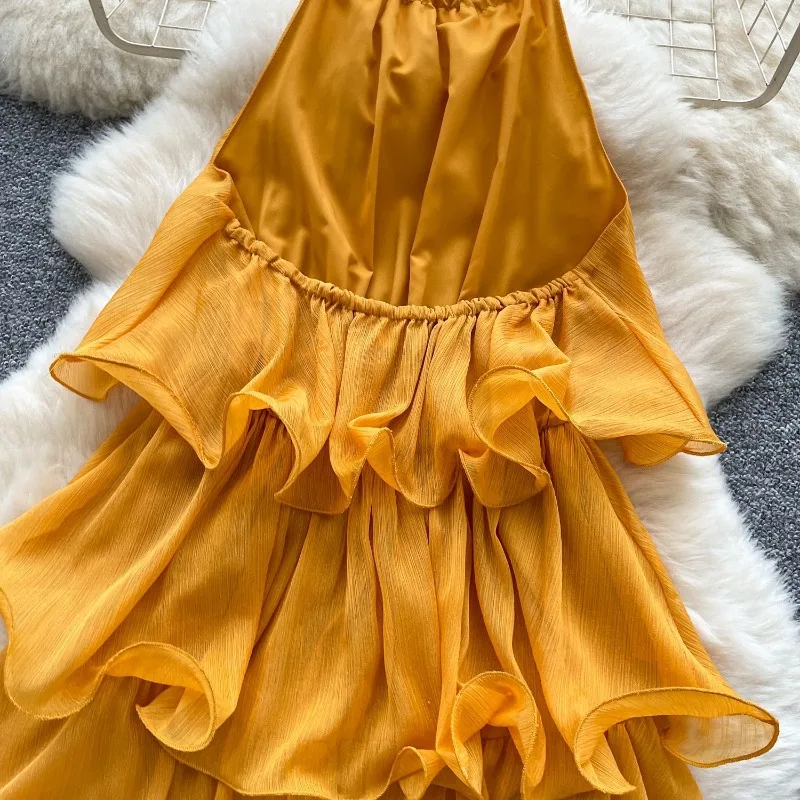 Robe jaune bohème chic à volants pour femme