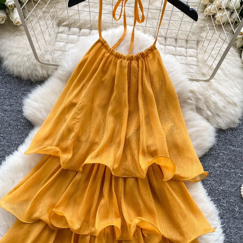 Robe jaune bohème chic à volants pour femme