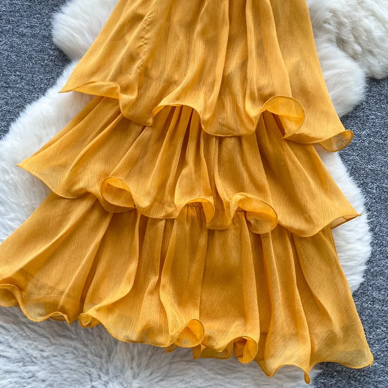 Robe jaune bohème chic à volants pour femme