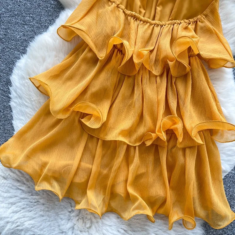 Robe jaune bohème chic à volants pour femme