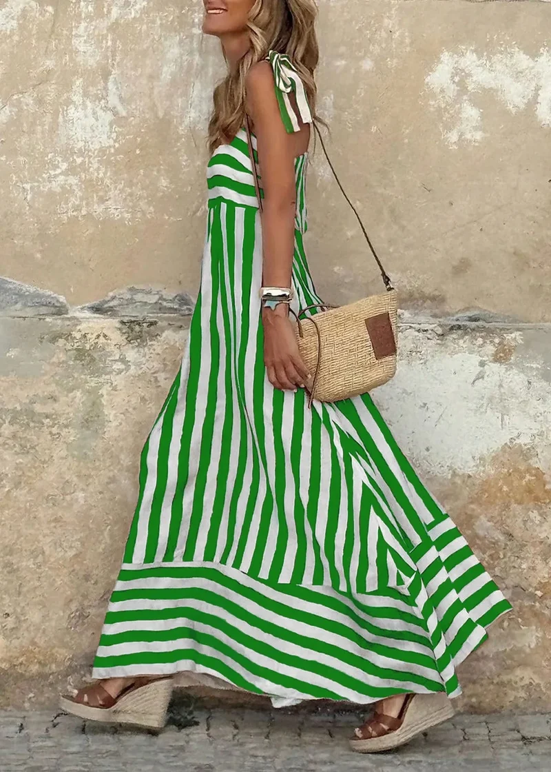 Robe boheme longue a rayures verte