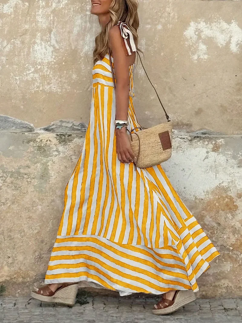 Robe boheme longue a rayures jaune