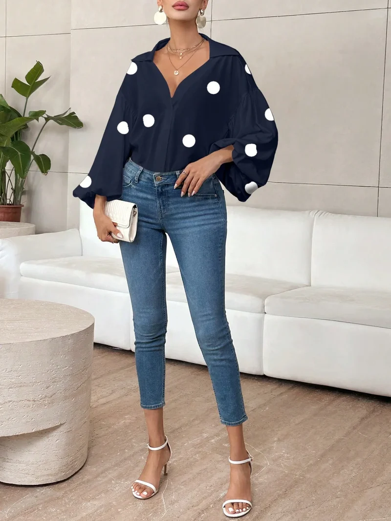 Blouse bohème femme à pois bleu marine
