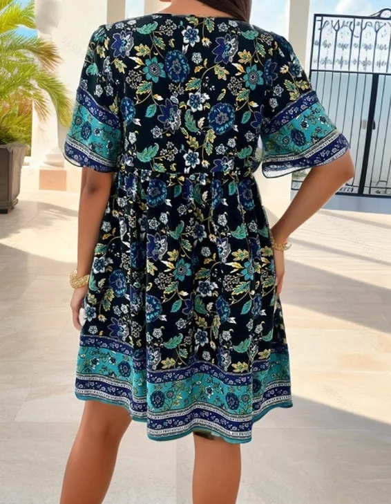 Robe femme boheme chic noire et bleue courte fleurie