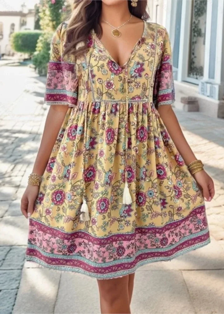 Robe femme boheme chic jaune courte fleurie