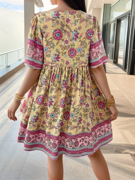 Robe femme boheme chic jaune courte fleurie