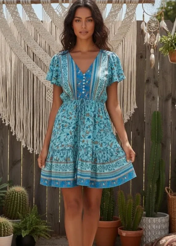 Robe Courte Fluide Boheme Bleu Turquoise