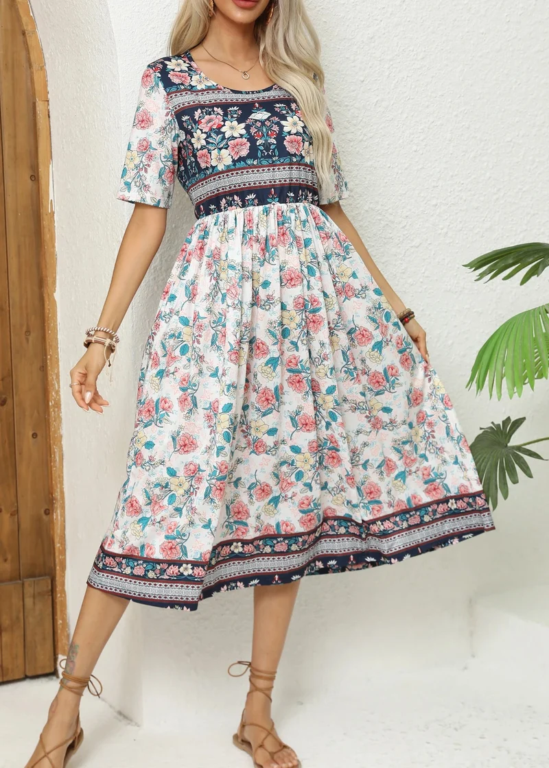 Robe Mi Longue Blanche a Fleurs