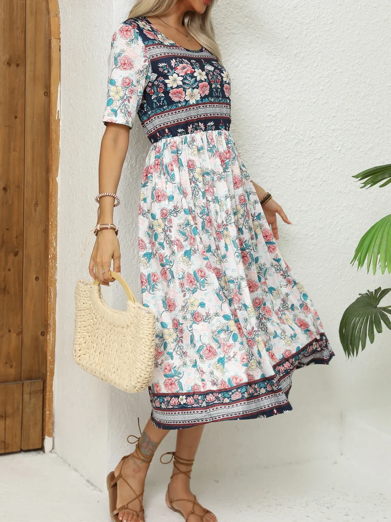 Robe Mi Longue Blanche a Fleurs