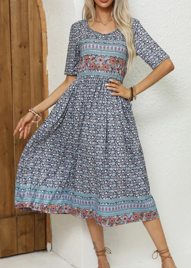 Robe Mi Longue Bleue a Fleurs