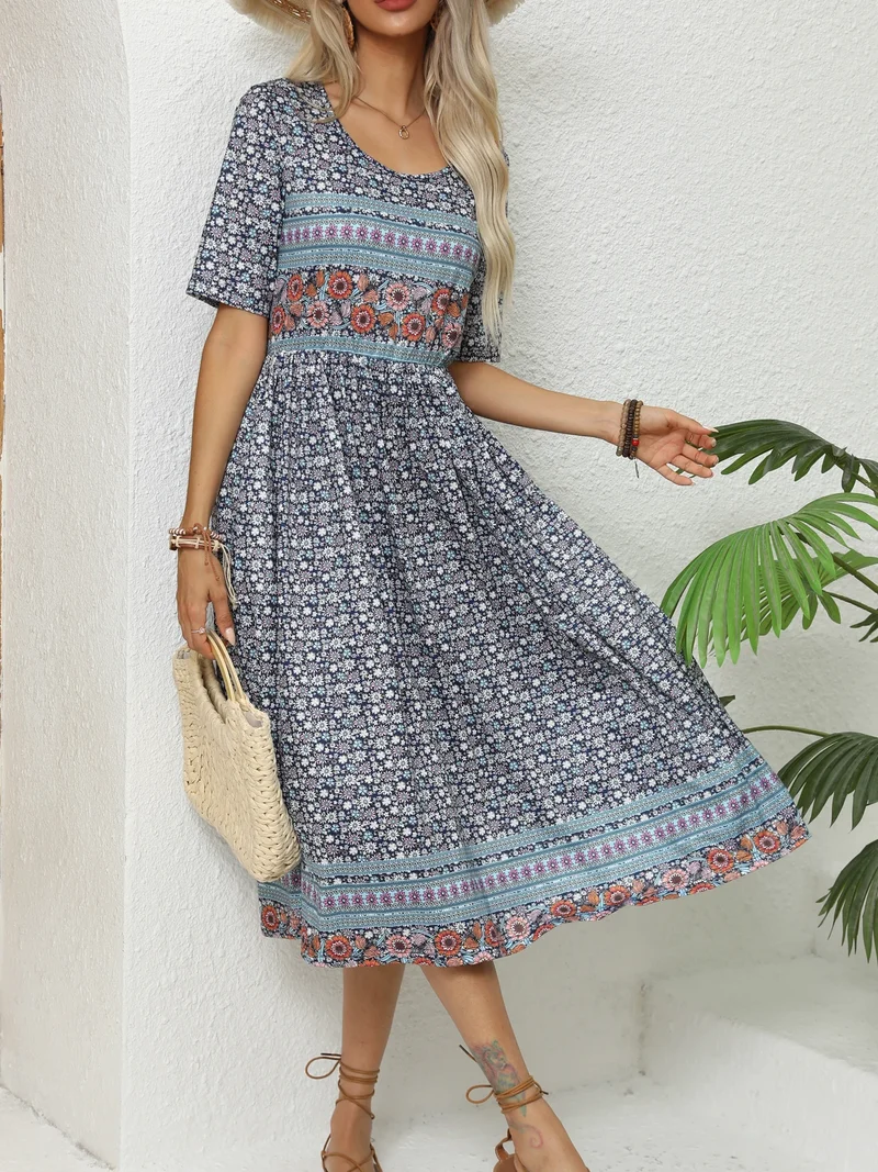 Robe Mi Longue Bleue a Fleurs