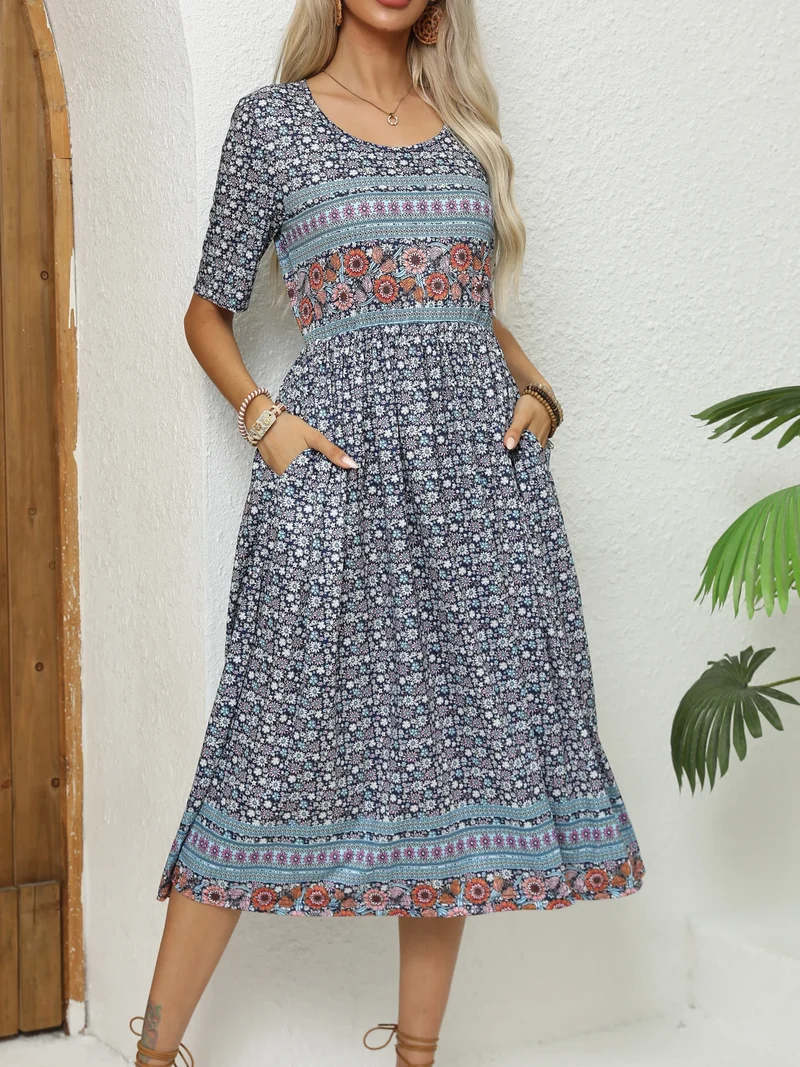 Robe Mi Longue Bleue a Fleurs