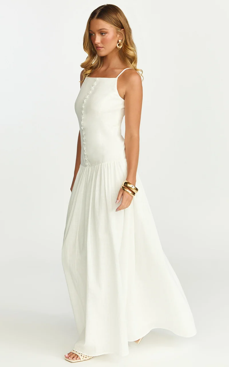 Cortez Maxi Dress - Square Neck Button Down Dropped Waist Dress in White