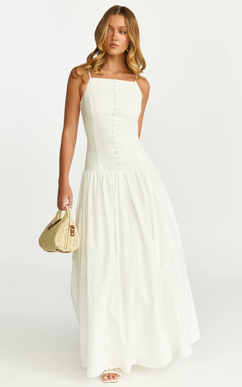 Cortez Maxi Dress - Square Neck Button Down Dropped Waist Dress in White