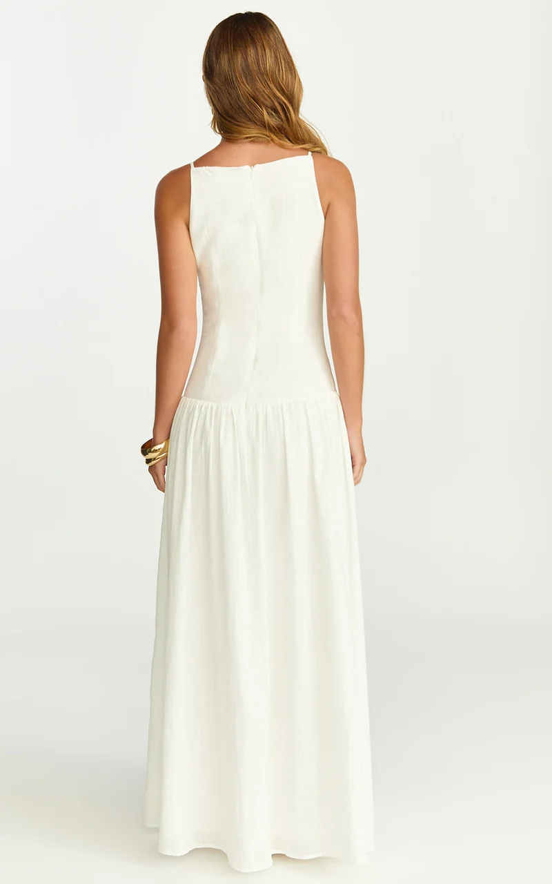 Cortez Maxi Dress - Square Neck Button Down Dropped Waist Dress in White