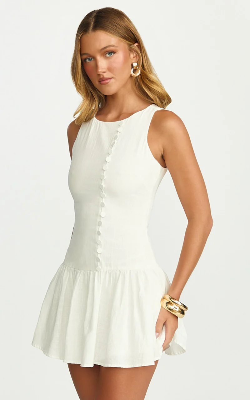 Cortez Mini Dress - High Neck Button Down Dress in White