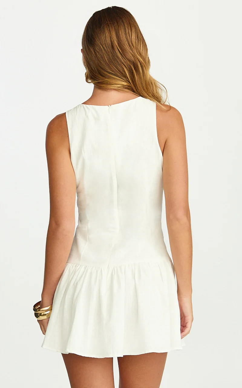 Cortez Mini Dress - High Neck Button Down Dress in White