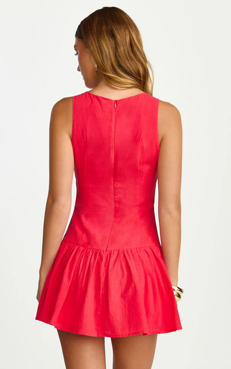Cortez Mini Dress - High Neck Button Down Dress in Red