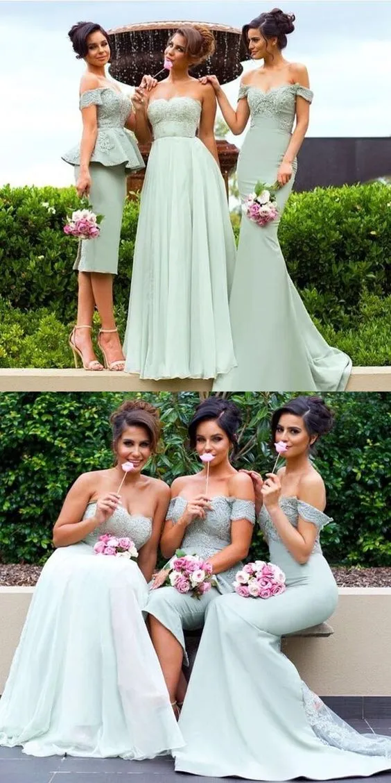 Robes de demoiselle d'honneur élégantes vert sauge dépareillées de styles différents