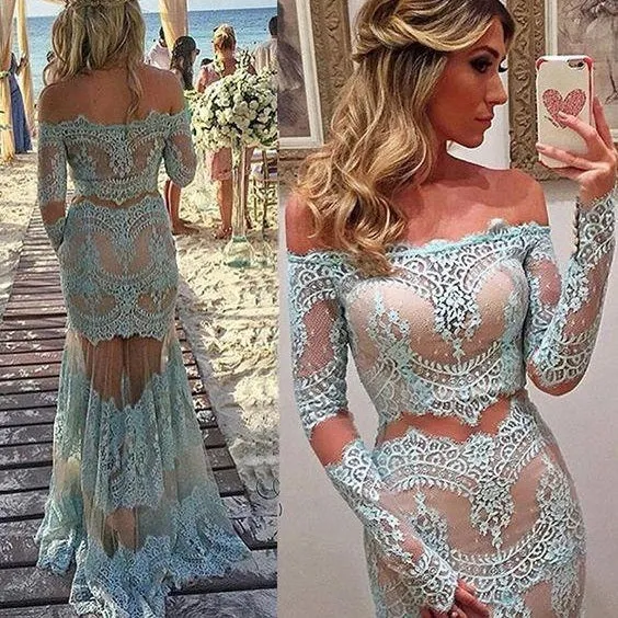 Robe de soirée sexy en dentelle bleu clair, épaules dénudées, robe de bal