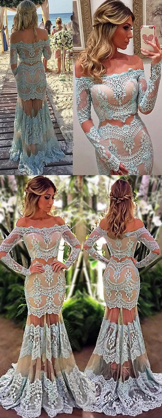 Robe de soirée sexy en dentelle bleu clair, épaules dénudées, robe de bal
