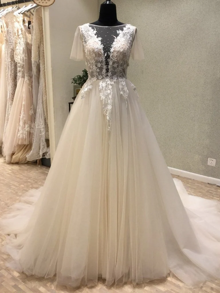 Robe de mariée sexy transparente en tulle floral, décolleté en V profond, haut en dentelle, robe de bal