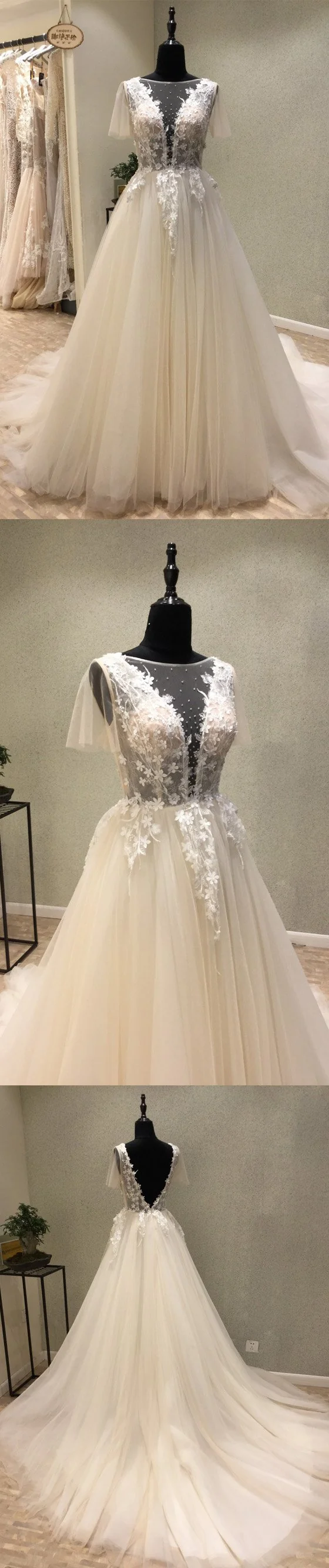 Robe de mariée sexy transparente en tulle floral, décolleté en V profond, haut en dentelle, robe de bal