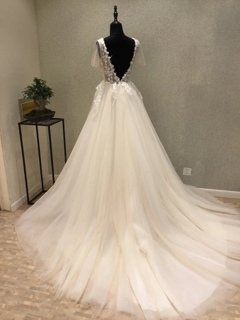 Robe de mariée sexy transparente en tulle floral, décolleté en V profond, haut en dentelle, robe de bal