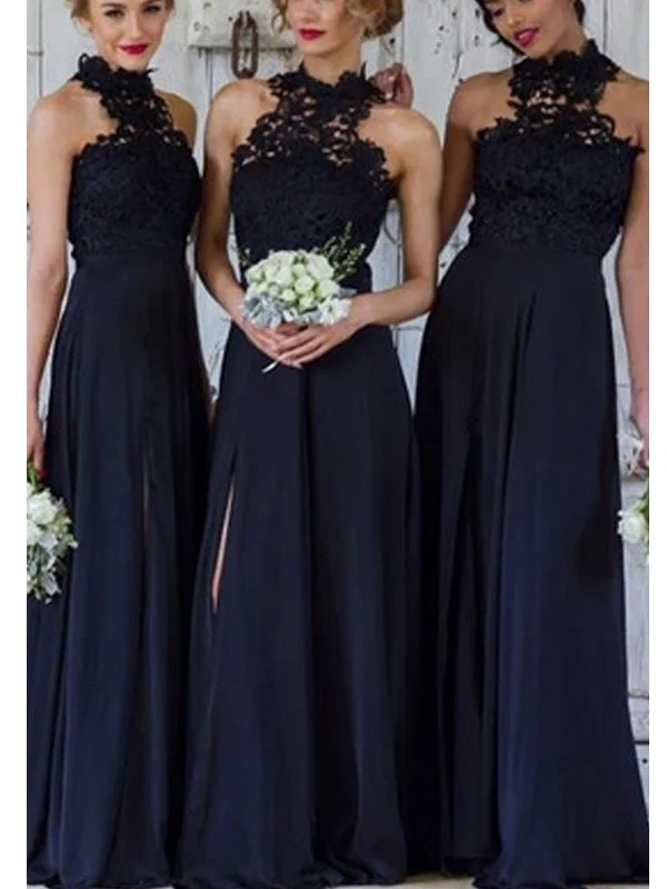Robes de demoiselle d'honneur bleu foncé, haut licou modeste en dentelle, ligne a, longues avec fente latérale