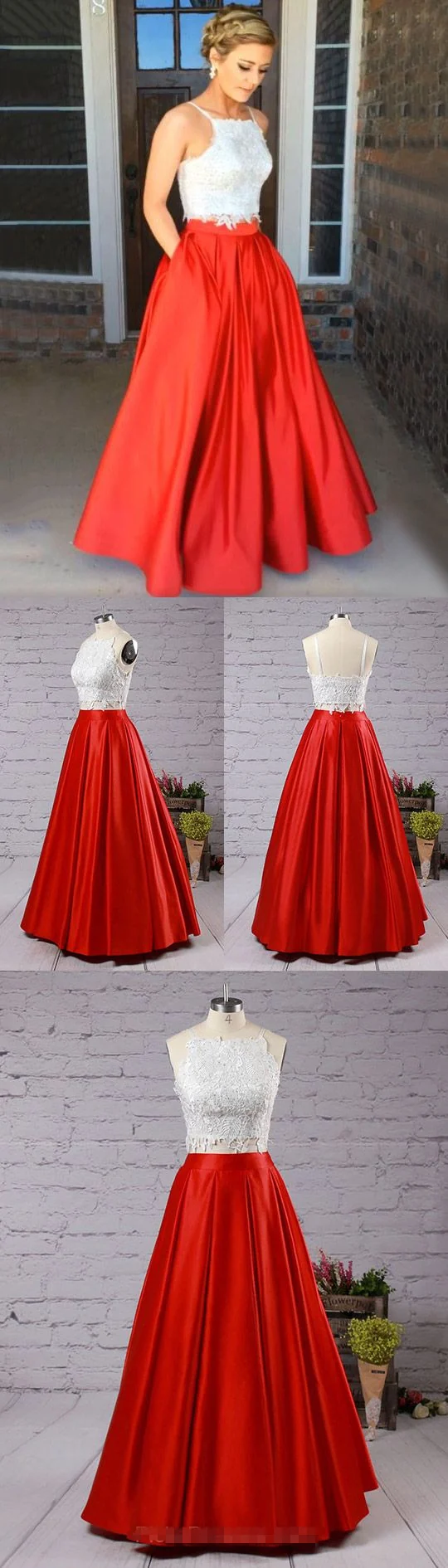 Robe de bal courte en dentelle blanche 2 pièces longue avec jupe rouge pour adolescents