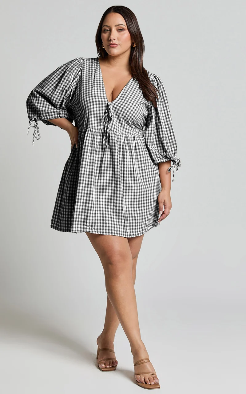 Rosita Mini Dress - Tie Front Puff Sleeve Dress in Black and White Check