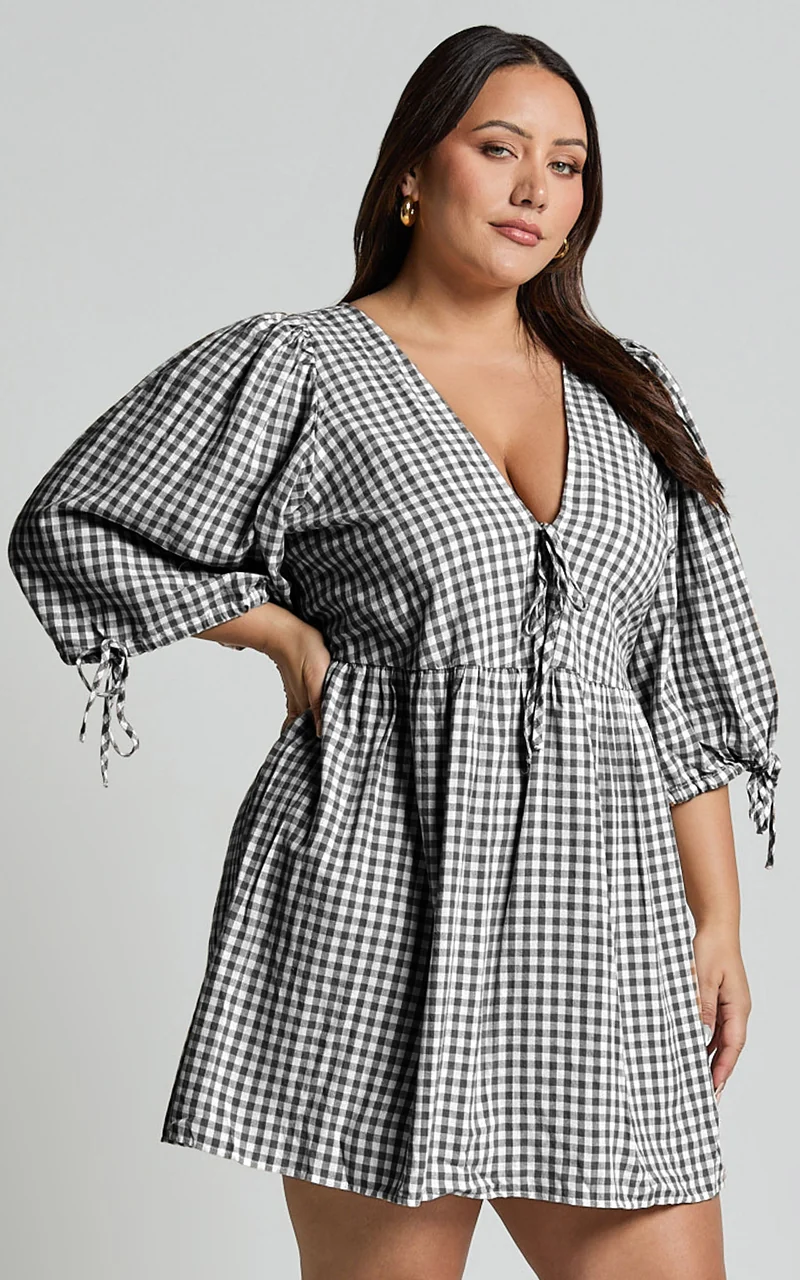 Rosita Mini Dress - Tie Front Puff Sleeve Dress in Black and White Check