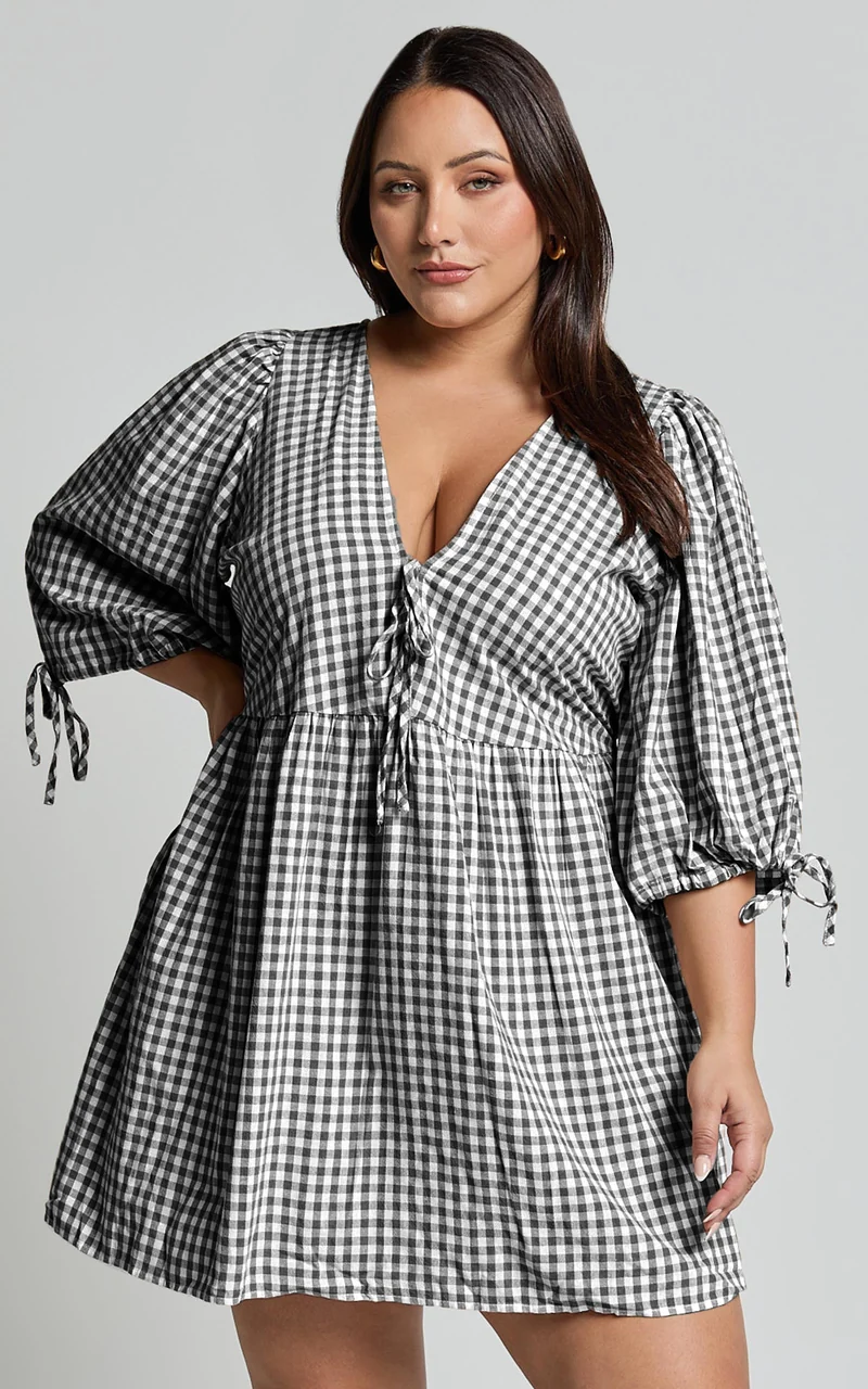 Rosita Mini Dress - Tie Front Puff Sleeve Dress in Black and White Check