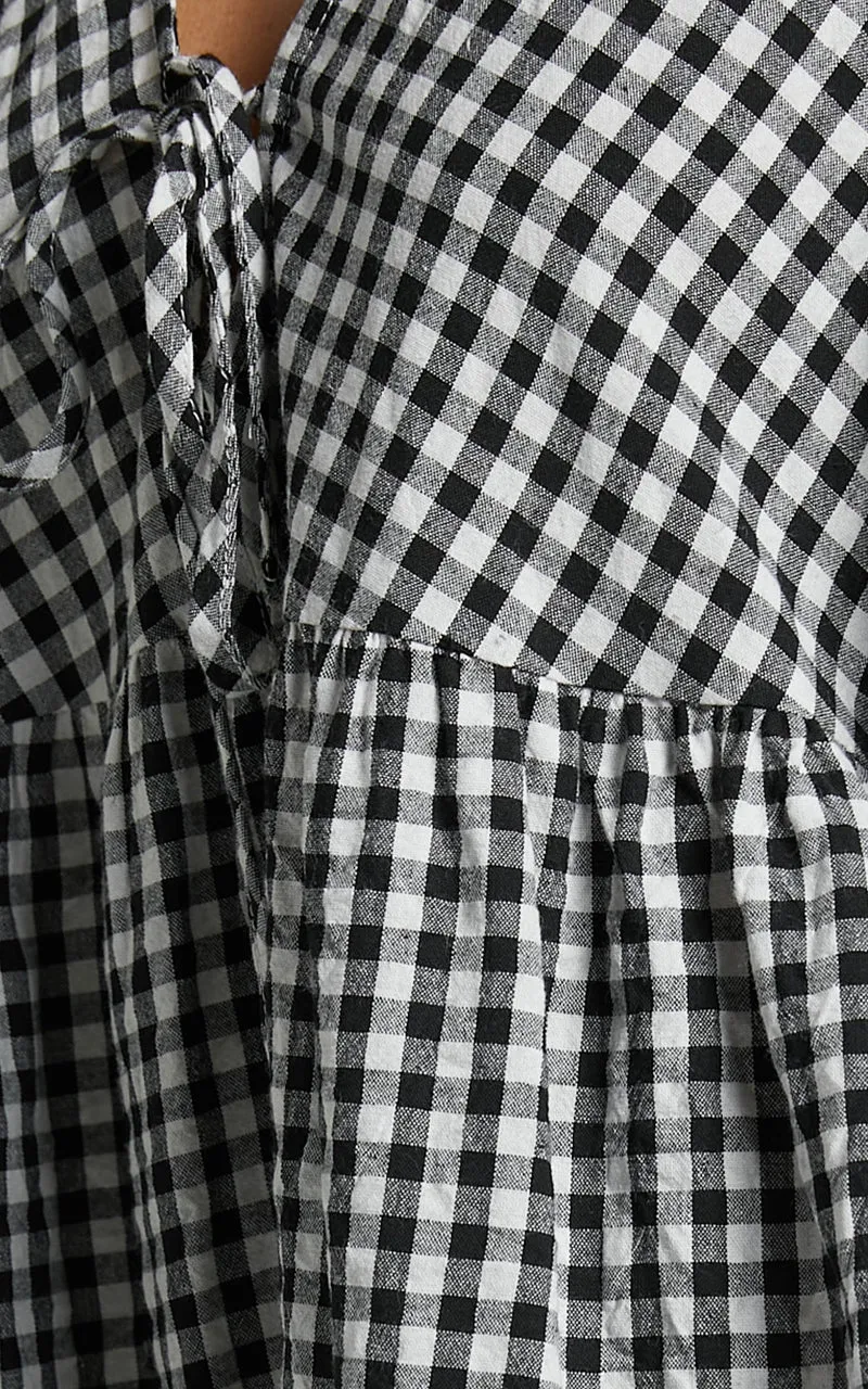 Rosita Mini Dress - Tie Front Puff Sleeve Dress in Black and White Check