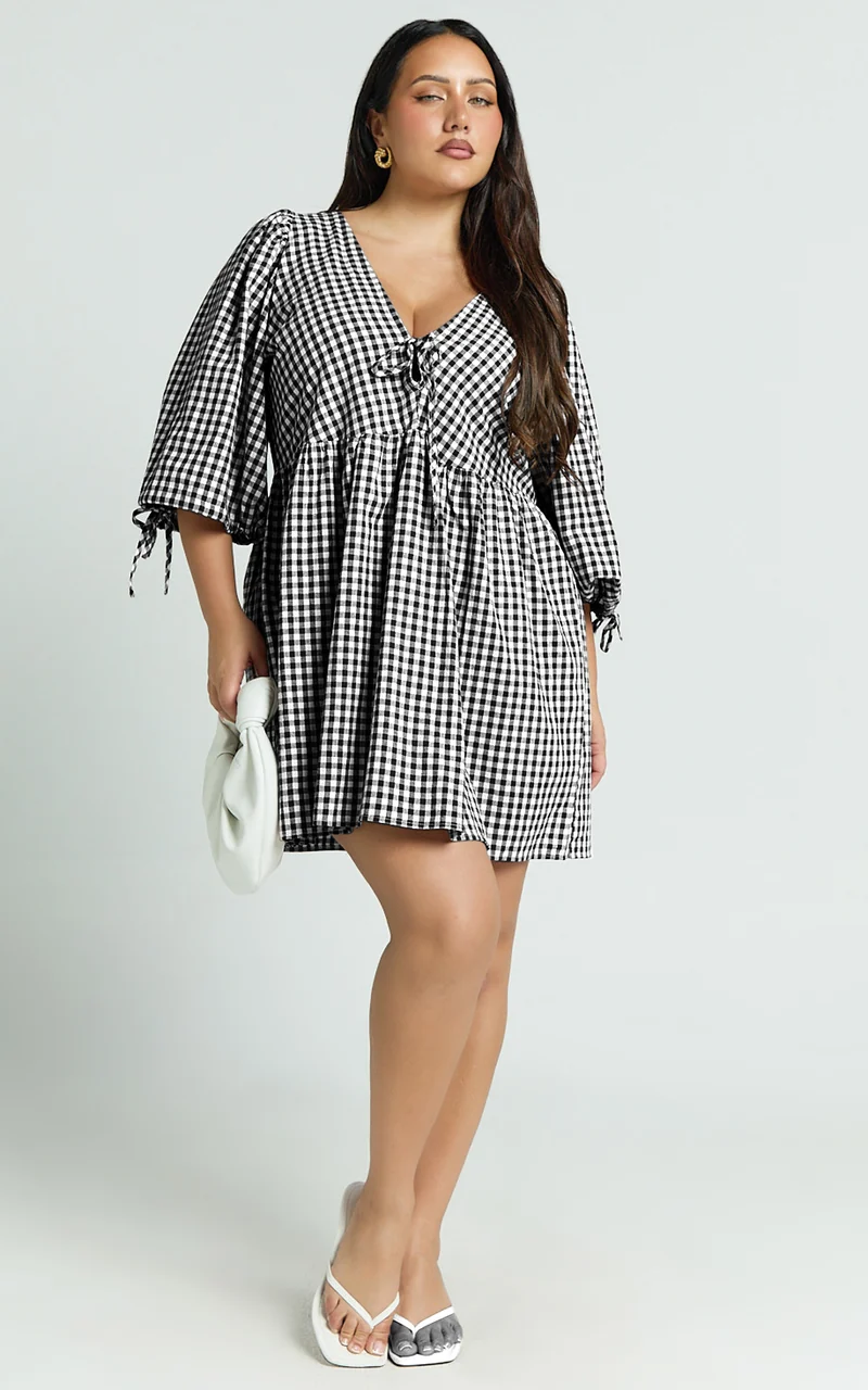 Rosita Mini Dress - Tie Front Puff Sleeve Dress in Black and White Check