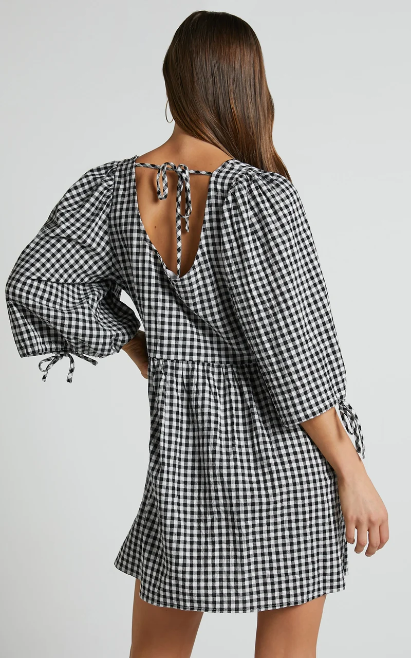 Rosita Mini Dress - Tie Front Puff Sleeve Dress in Black and White Check