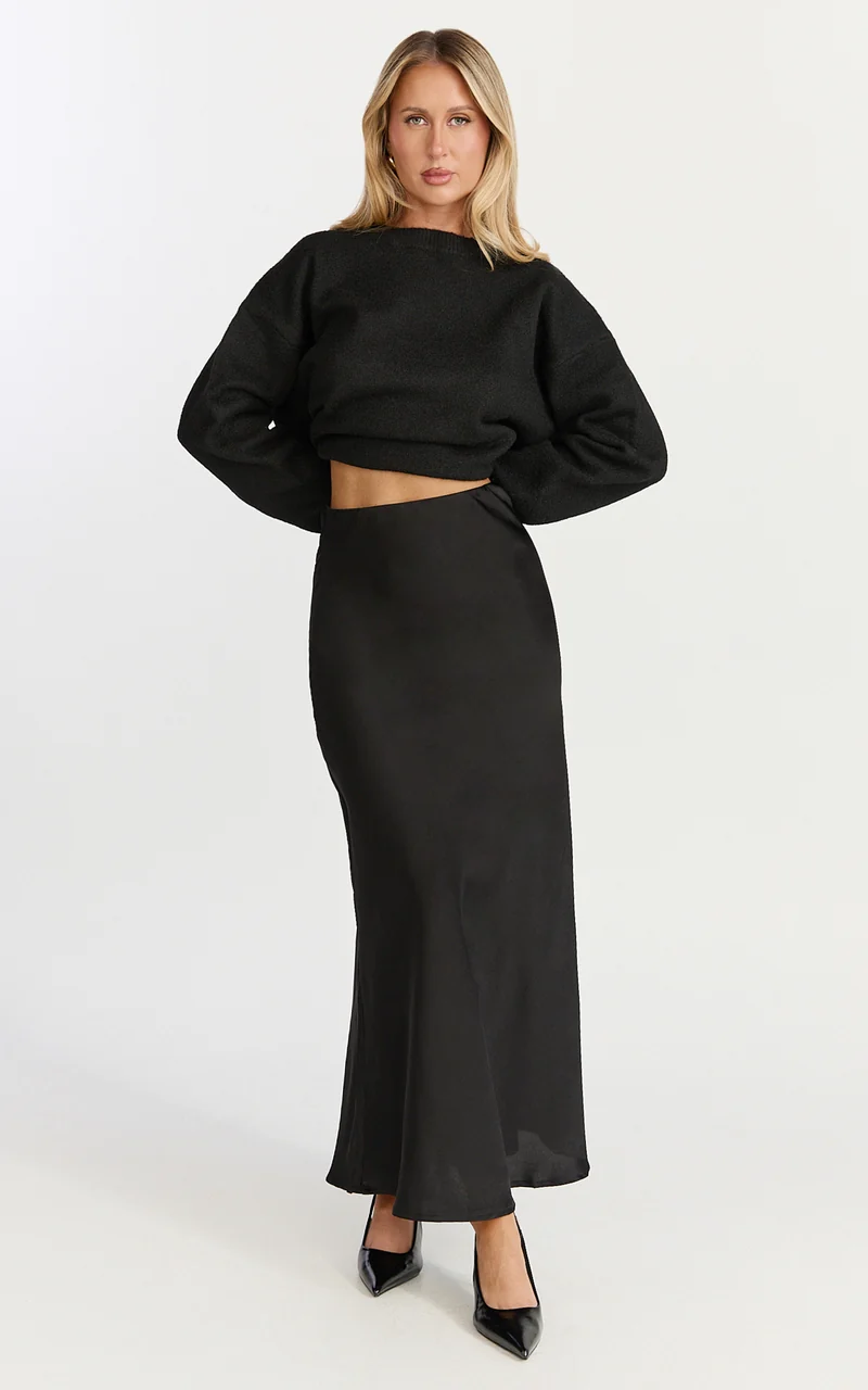 Amari Maxi Skirt - High Waisted Bias Cut Skirt in Black