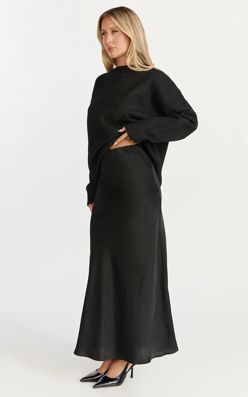 Amari Maxi Skirt - High Waisted Bias Cut Skirt in Black