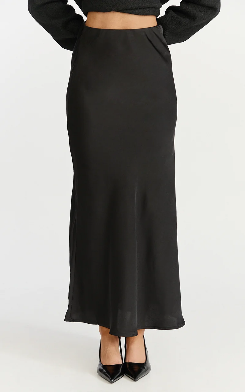 Amari Maxi Skirt - High Waisted Bias Cut Skirt in Black