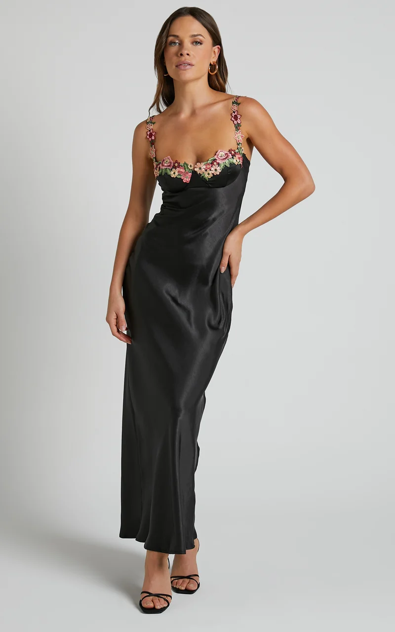 Harmony Maxi Dress - Floral Detail Cup Bust Satin Dress in Black